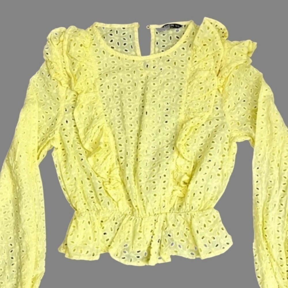 Shein Yellow Eyelet Smocked Long Sleeve Top